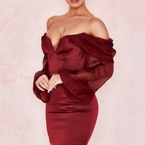 House of CB Olivia Wine Satin Off Shoulder Dress - Picture 2 of 11
